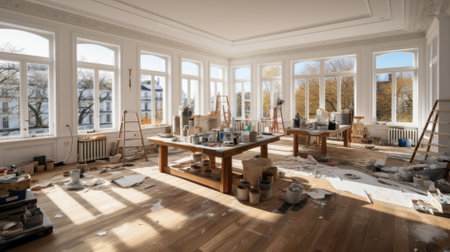 interior of a new house with a large window and a lot of workの素材