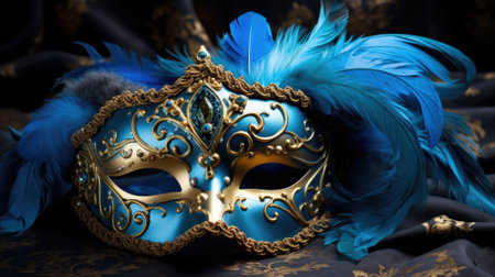Blue Venetian mask with feathers on black fabric background, closeupの素材