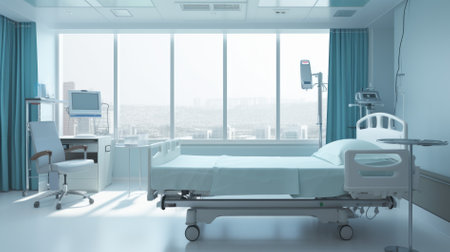 Interior of hospital room with bed and window. 3d renderingの素材