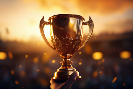 Close-up of golden trophy cup in hand on blurred background.の素材