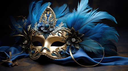 Carnival Venetian mask with blue feathers on dark backgroundの素材