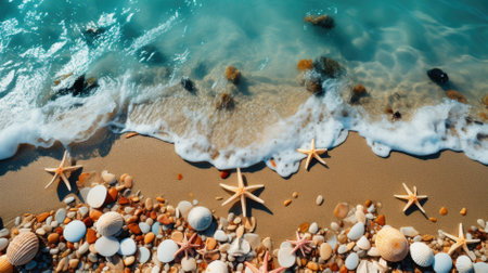 Seashells and starfish on the beach. Top viewの素材