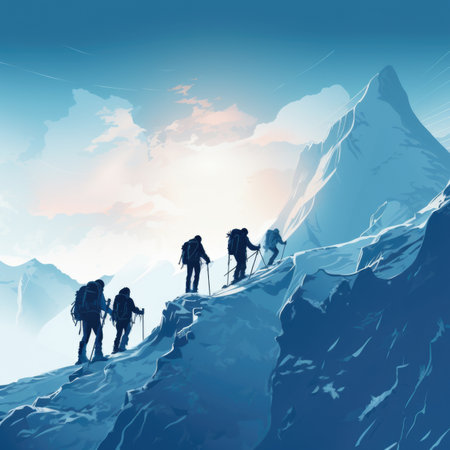 A group of mountaineers climbs to the top of a snow-capped mountain.の素材