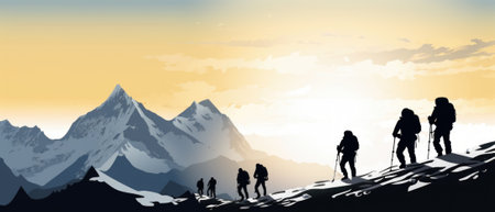 A group of mountaineers climbs to the top of a snow-capped mountain.の素材