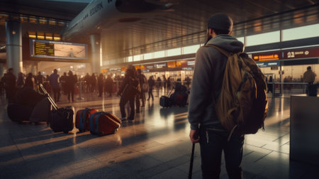 Traveling concept. Travelers asian woman walking with a luggage at airport terminal and airport terminal blurred crowd of travelling people on the background.の素材
