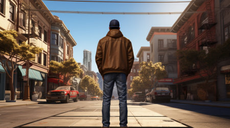 young man walking down the street of a big city.の素材