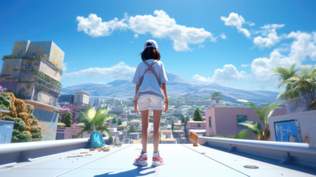 young woman walking down the street of a big city.の素材