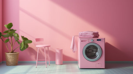 Concept of housework with washing machine on pink background.の素材