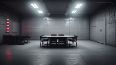 An empty Table and chair with in interrogation room, Investigation room concept.の素材