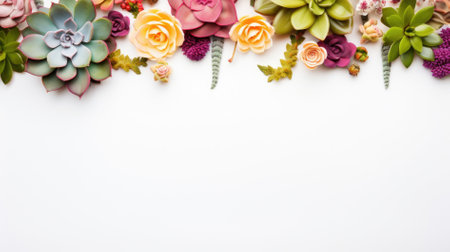 Mix Succulent plants top corner frame arrangement top view on white background.の素材
