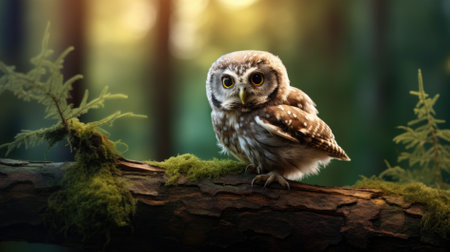 View of spotted owlet perched on a tree branch.の素材