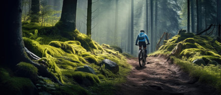 Mountain biker riding on bike in spring inspirational forest landscape. Man cycling MTB on enduro trail track. Sport fitness motivation and inspiration.の素材