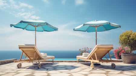 Chair on beach near sea, summer vacation and vacation concept for travel, inspiring tropical landscape.の素材