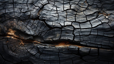 Black old texture and background of burning wood coal, charred wood texture, burnt wood background, and blackened wood grain.の素材