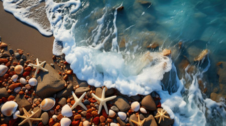 Sea sand with starfish and seashells. Top view with copy space. Summer beach.の素材