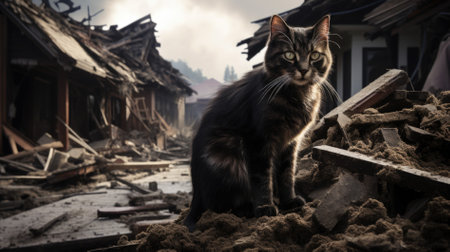 A frightened cat sits on the wreckage of a house.の素材
