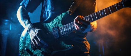 man playing guitar on a stage musical concert close-up view.の素材