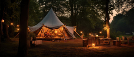 Group outdoor camping teepee tent and night light with two empty chairs with picnic table and accessories in the forest. Glamping camping tent in the forest under night sky.の素材