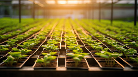Growing young green corn seedling sprouts in cultivated agricultural farm field, shallow depth of field. Agricultural scene with corn's sprouts in earth closeup.の素材