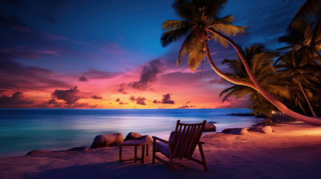 Sunset at the beach with palm trees, parasols and sunbeds. Family Holidays at Sea.の素材