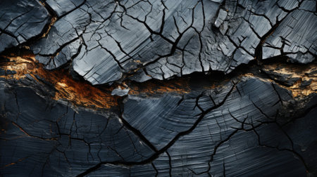 Black old texture and background of burning wood coal, charred wood texture, burnt wood background, and blackened wood grain.の素材