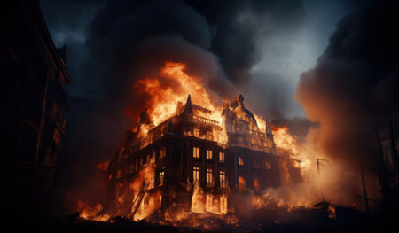 Wooden house or barn burning on fire at night.の素材