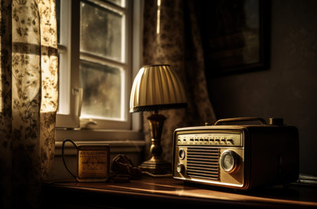 The FM channel is playing music, a stylish retro radio player stands on a wooden table. stylish kitchen in the village, daylight from the window. copy spaceの素材