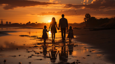 Happy family together on the beach in holiday. Silhouette of the family holding hands enjoying the sunset on the beach. Happy family travel and vacations concept.の素材