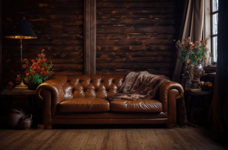 brown leather couch with empty frame in vintage interior.の素材