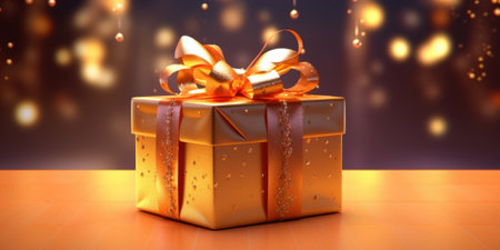 Gift box with golden satin ribbon and bow. Holiday gift with Birthday or Christmas present, happy mother day copy space.の素材