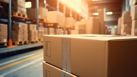 Cardboard boxes on conveyor rollers ready to be shipped by courier for distribution.の素材