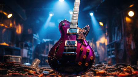 Close up of electric guitar on a stage during rock concert.の素材
