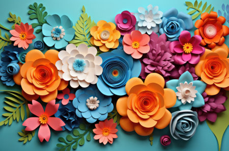 Colourful handmade paper flowers on background.の素材