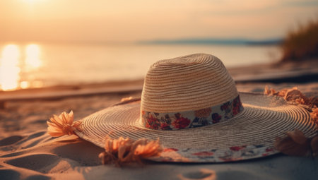 Straw hat on the beach. Beach holiday concept.の素材