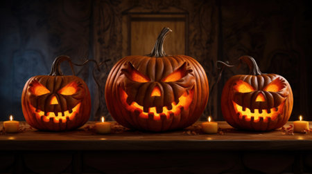 Halloween background. Scary night sky with full moon. A group of three pumpkins and fallen dry leaves on wooden table. Close up.の素材