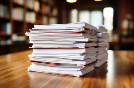 Stack of blank paper on wooden table indoors.の素材