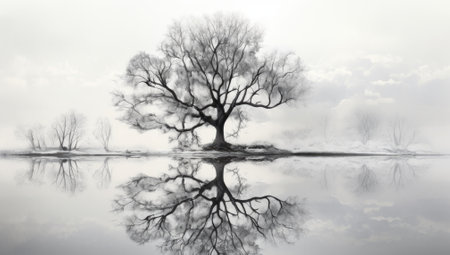 Picturesque view of leafless lonely tree growing and reflecting in lake.の素材