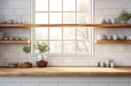 Scandinavian minimalist design in interior of apartment, flat for rent or sale and home blog. Modern plates and cups, kitchen utensils, potted plants on wooden shelves, on light wall, empty space.の素材