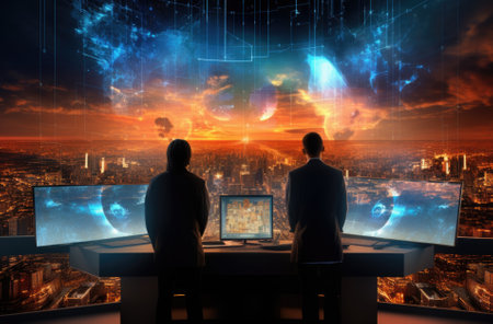 Two Male Software Engineers Discuss Live Analysis. Managers and Data Scientists Collaborate in a Modern Monitoring Office.の素材