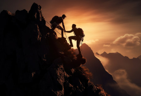 Hikers climbing on rock, mountain at sunset, one of them giving hand and helping to climb. Help, support, assistance in a dangerous situation.の素材