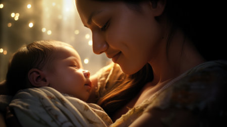 Beautiful young mother with a newborn baby. Motherhood. Tenderness. Space for text..の素材
