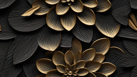 Beautiful abstract color black and yellow flowers. Gold flower frame and brown leaves texture, dark background.の素材