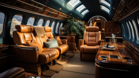 luxury interior in the modern business jet and sunlight at the window/sky and clouds through the porthole.の素材