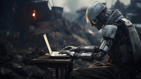 A humanoid robot works in an office on a laptop, showcasing the utility of automation in repetitive and tedious tasks.の素材