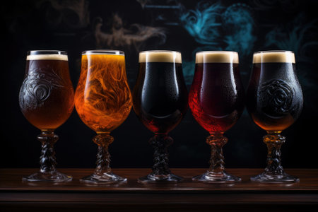 Set of different types of beer in glasses on a dark background.の素材
