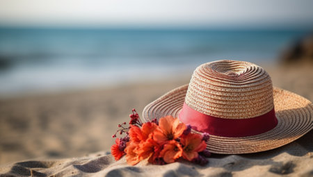 Straw hat and flowers on a sandy beach. Selective focus.の素材