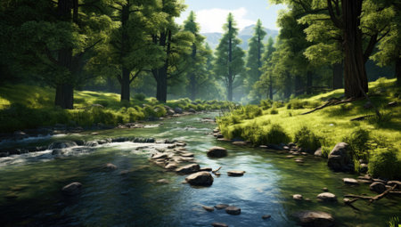 Forest river in the morning. Beautiful landscape with forest and river.の素材