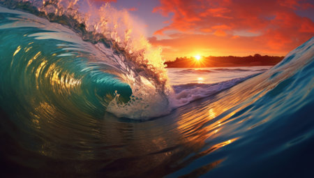 Surfing ocean wave at sunset. 3d render of surf waveの素材