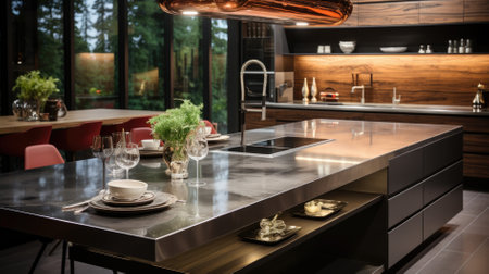 Front view of a modern designer kitchen with smooth handleless cabinets with black edges, black glass appliances, a marble island and marble countertopsの素材