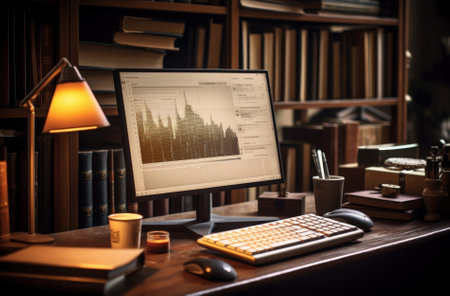 A computer on a desk in an office with bookshelf in the backgroundの素材